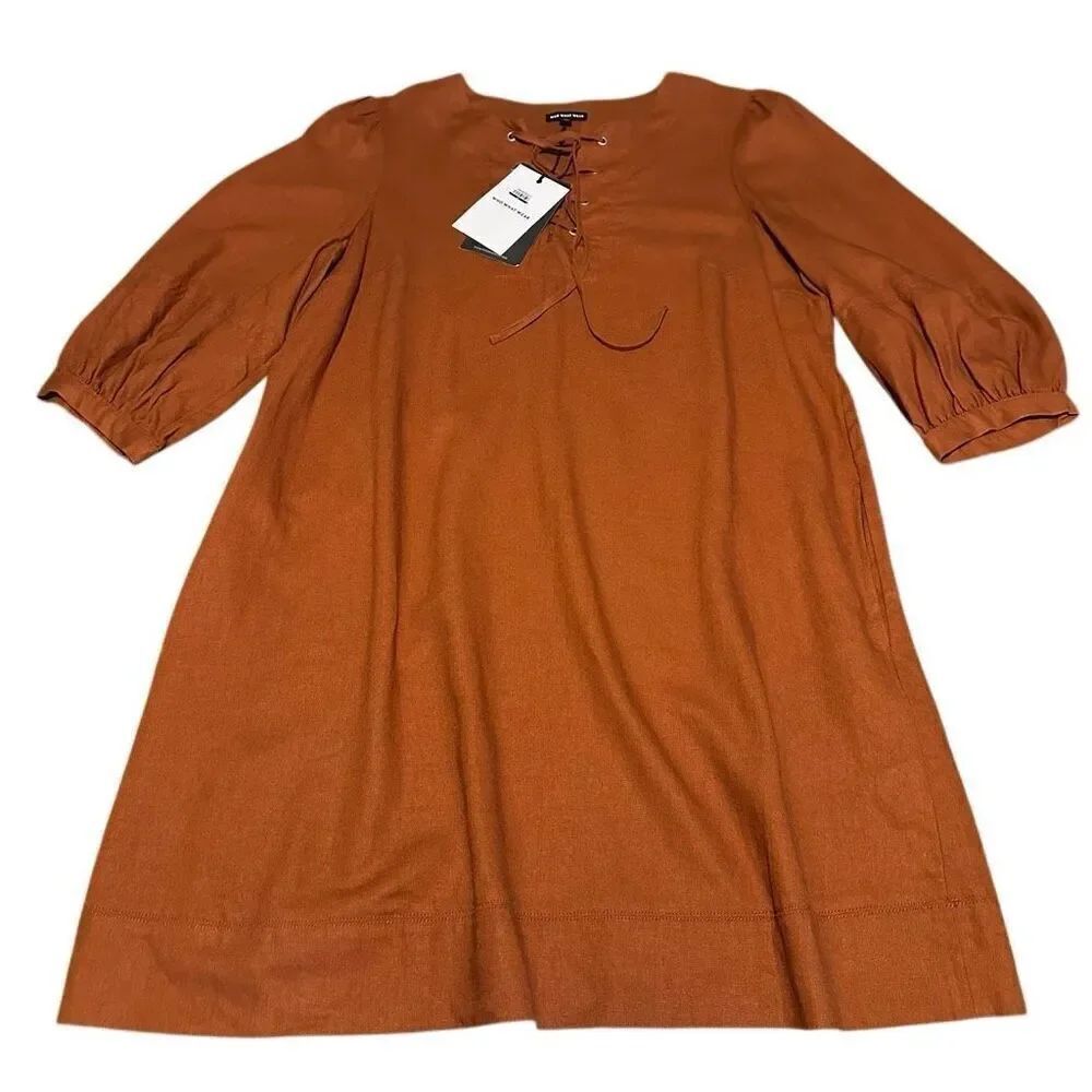 Who What Wear Womens Brown Linen Blend Knee Length Dress Tie Neckline Size S New